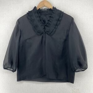 BOUTIQUE Blouse 45 Organza Ruffle V-Neck 3/4 Puff Sleeve Black Vintage